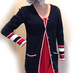 Red White Navy Blue Long Cardigan Pocket Sweater